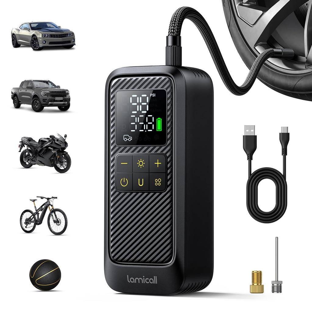 Lamicall Electric Bicycle Car Tire Air Motorcycle Air Compact Automatic Pump with Large LED Auto Low Maximum Pressure of 150 Compatible with French