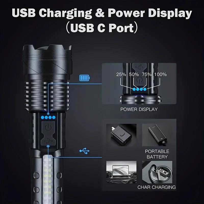 Hochleistungs-LED-Taschenlampe Leistungsstarke TYPE-C Wiederaufladbare COB-Taschenlampe mit Seitenlicht Taschenlampe für Outdoor-Camping Wandern