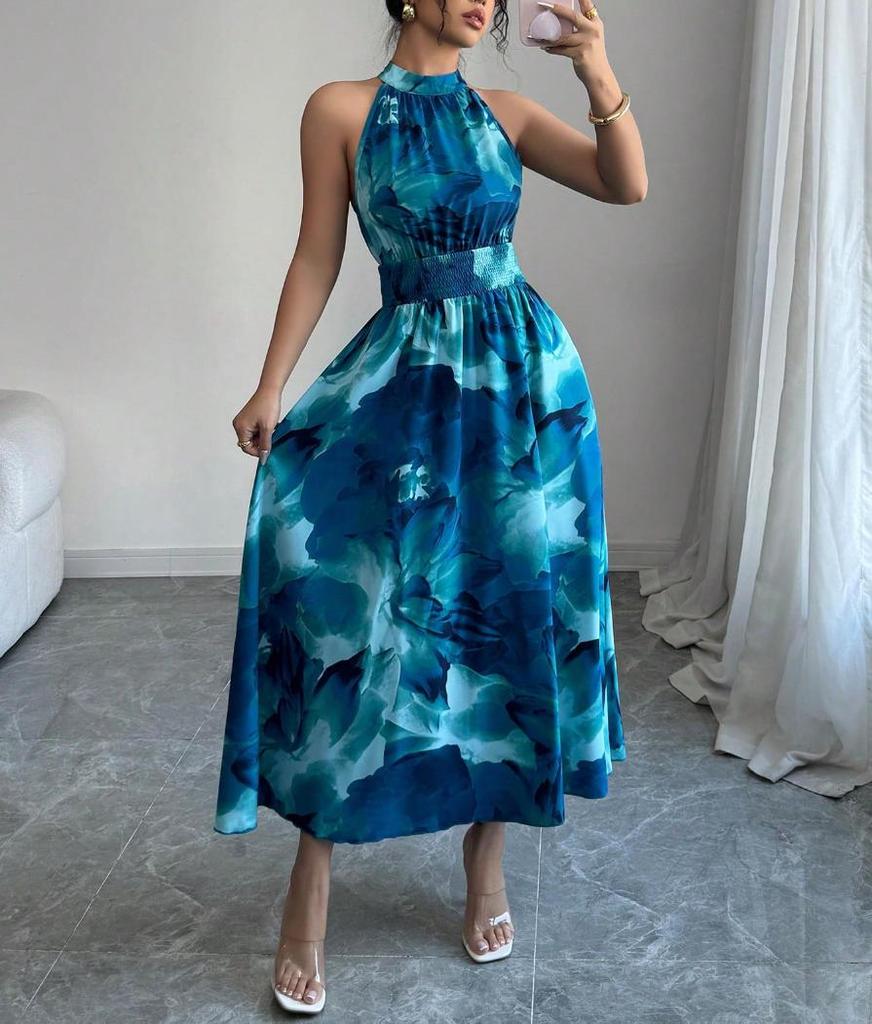Women's Halter Neck Ruched Waist Sleeveless Ruffle Dress for Summer 2026