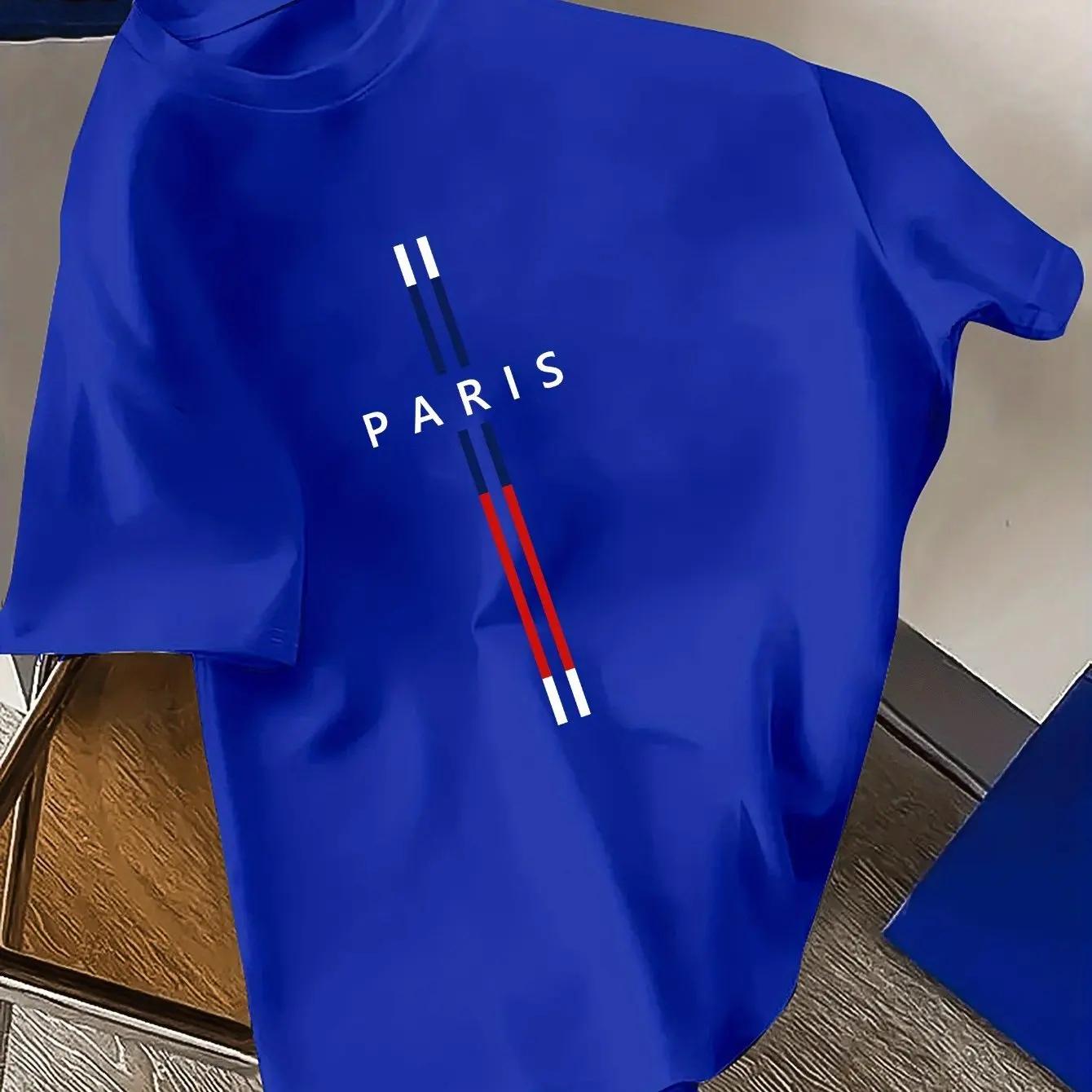 Sommer Herren 100% Baumwolle Mode Casual Lockerer Schnitt Übergröße Paris Buchstaben-Print Rundhals Kurzarm T-Shirt Top XL