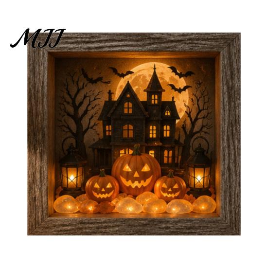 Desktop Mantel Decor Halloween Shadow Box Frame DIY Lighted Craft Kit, Wooden Night Light with Kit for Adults Sea Glass Stones, Gothic LED Memory