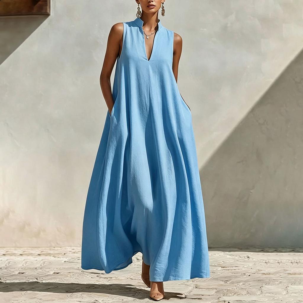 Women Sleeveless Maxi Dress V Neck Loose Fit Wide Swing Casual Summer Vacation Long Dress with Pockets