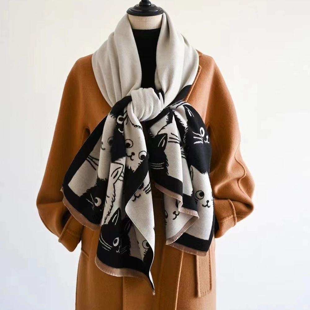 Cute Cat Jacquard Imitation Cashmere Scarf Women's Autumn and Winter Double-sided Pattern Soft Waxy Warm Long Outer Shawl Scarf