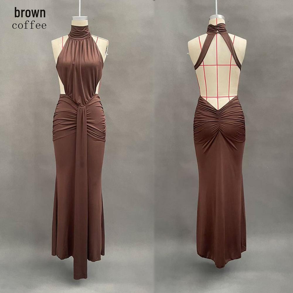 European-American Elegant Halterneck Pleated Slim Gown - Sexy Backless Long Dress