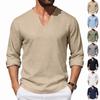 Men Casual Loose V Neck Long Sleeve Linen T Shirt Big Size