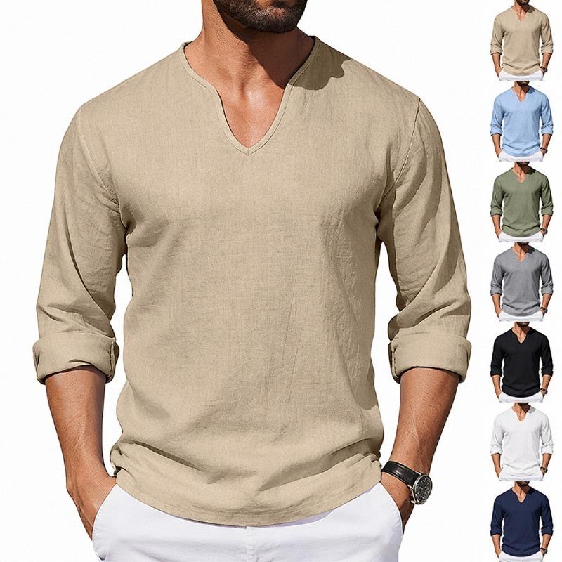 Men Casual Loose V Neck Long Sleeve Linen T Shirt Big Size