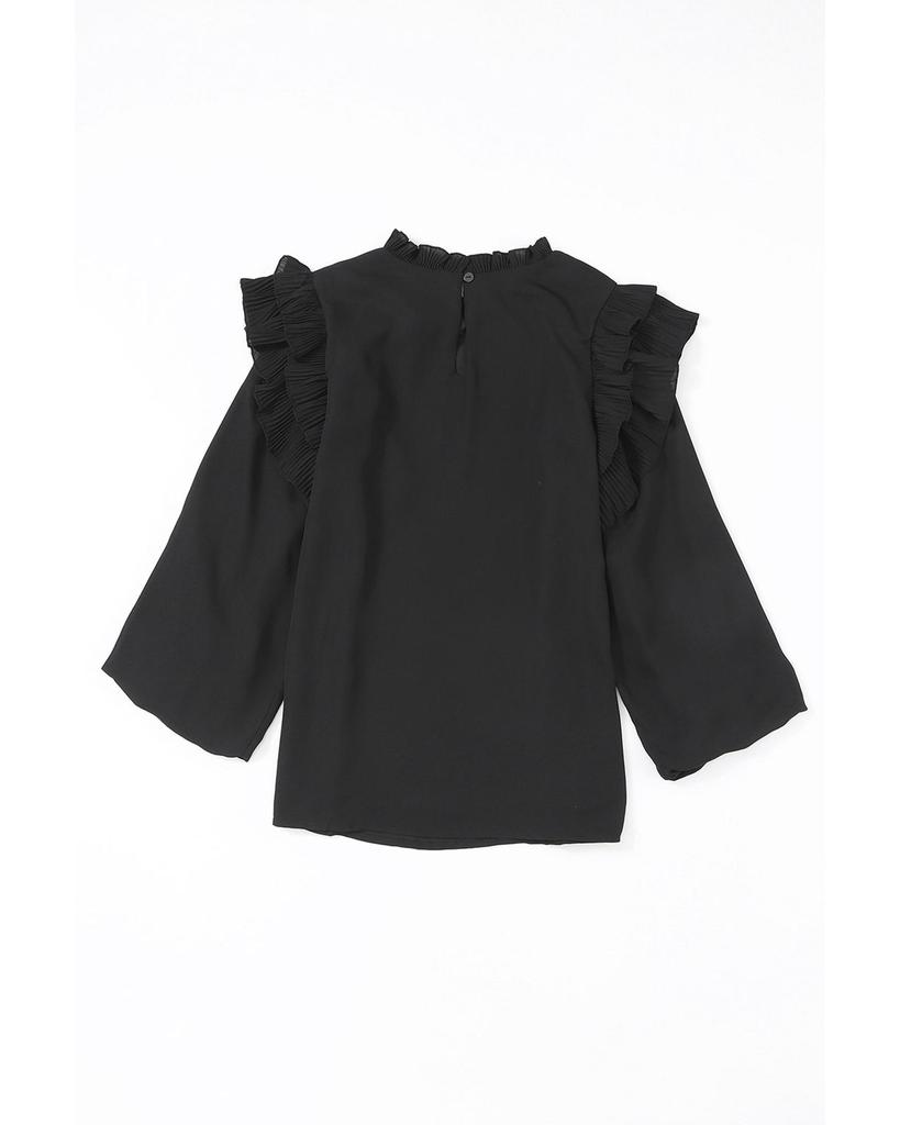 Azura Exchange Black Button Keyhole Back Pleated Ruffle Trim Blouse