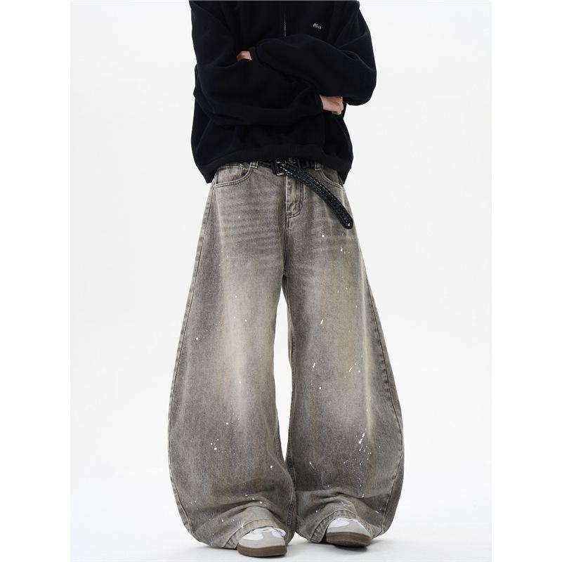 Design Sense Retro Washed Old Gray Ink Splashing Scimitar Jeans Men's and Women's Trendy Brand American Street Loose Pants