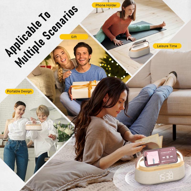 Portable Dual Alarm clock Bluetooth Speaker, Phone holder Wireless Charger, FM Radio & Dimmable Light for Bedroom Office Home Gift Giving