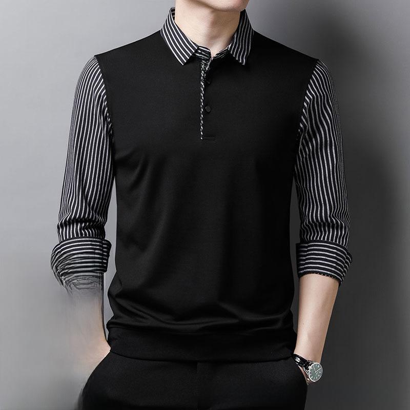 Pánská business košile s plyšovým límečkem, falešný dvoudílný střih s pruhovaným spodním dílem, ideální pro muže středního a mladšího věku.