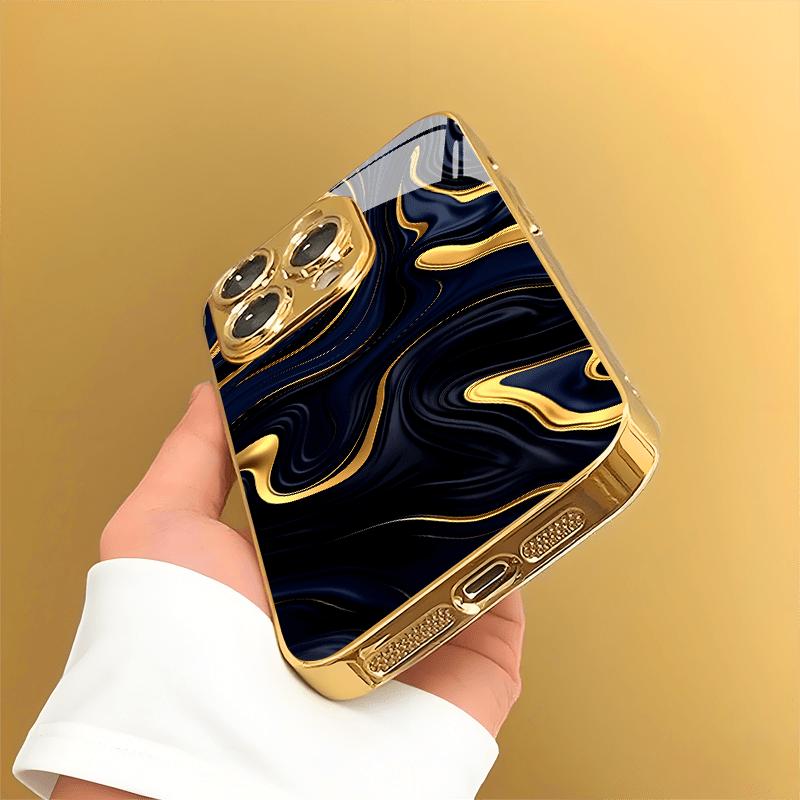 Deep Blue Gold High-end Phone Case Electroplated Glass TPU PhoneCase for iPhone 17 16 15 14 13 12 11pm Pro Plus Dropresistant