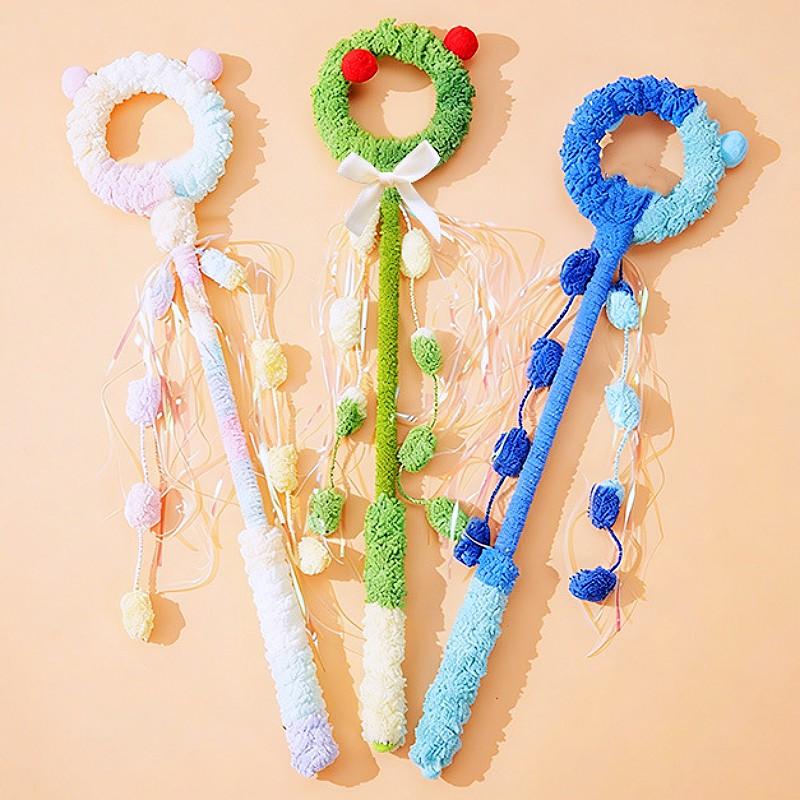 Cat Toys Tassel Cats Stick Teaser Wool Ball Tassel Interactive Cat Toy Cartoon Sticks Cats Toy with Bell Cute Handle Kitten Toys