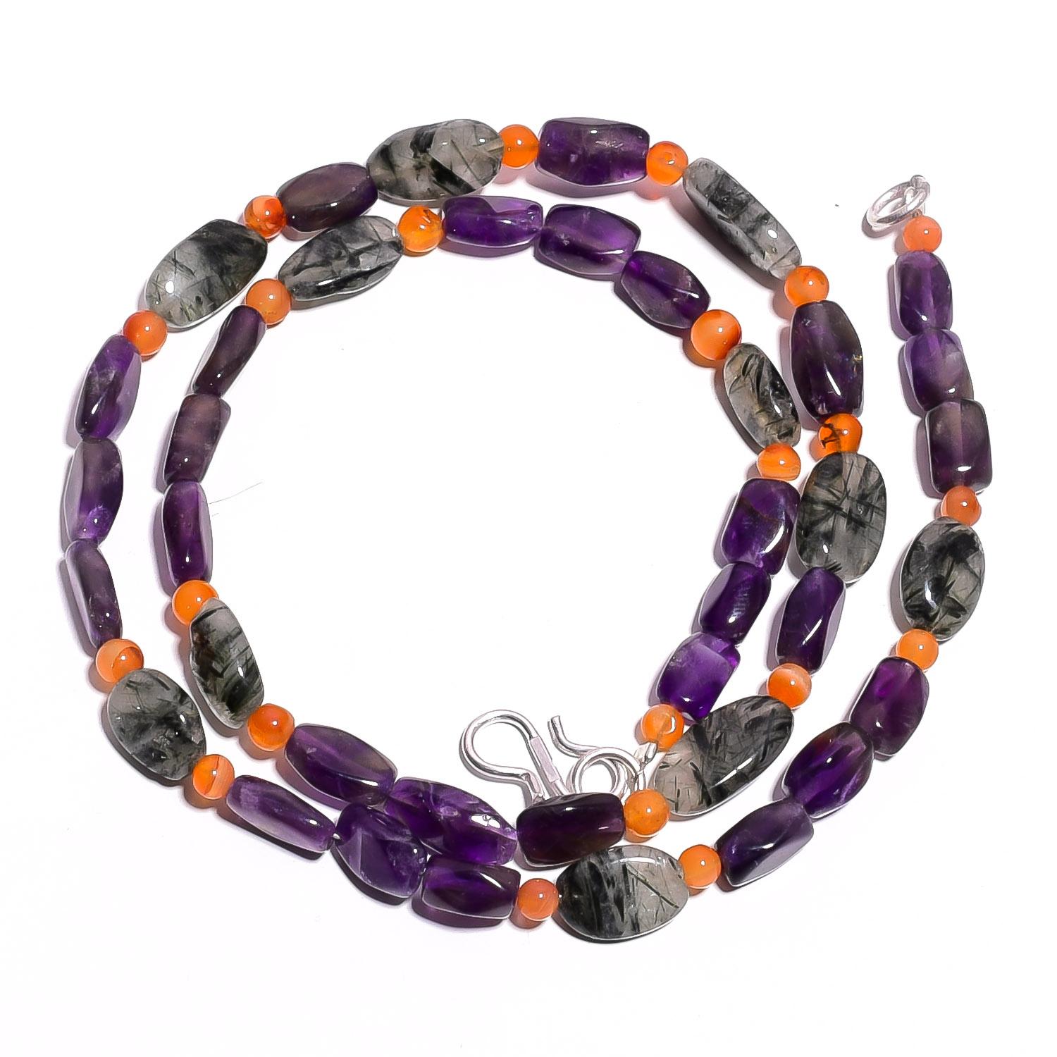 

Natural Amethyst Rutile Quartz Carnelian Gemstone Beads Necklace 17 UB-4025 UB-4025