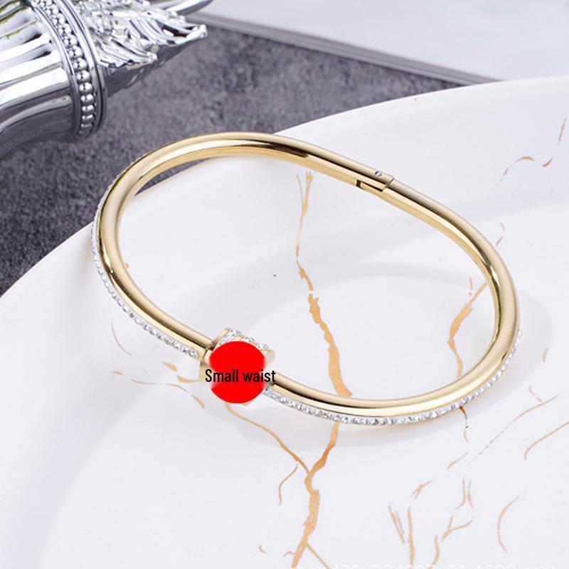 18K Gold Diamond-Inlaid Titanium Steel Bracelet, Women's Niche Luxury Design, Stainless Steel Hollow Letter Style.