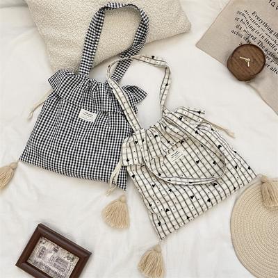 9 Autumn Wind Sweet Plaid Tote Bag Casual Canvas Bag High Value Love Lazy Shoulder Bag