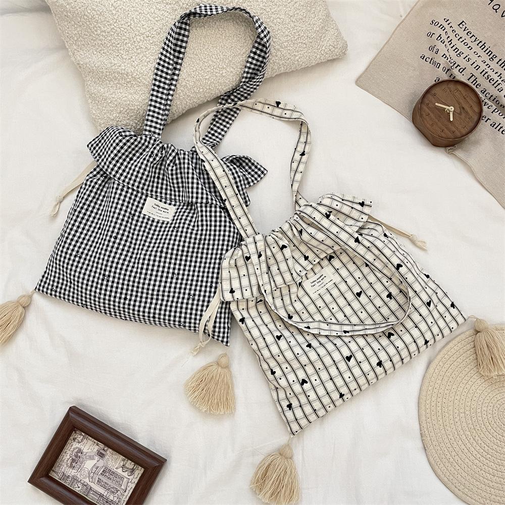 9 Autumn Wind Sweet Plaid Tote Bag Casual Canvas Bag High Value Love Lazy Shoulder Bag