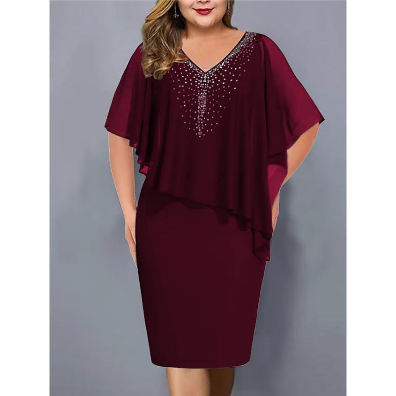 Plus Size Chiffon Cape Sleeve Dress V Neck Rhinestone Beaded Irregular Overlay Bodycon Elegant Wedding Guest Party Midi Dress