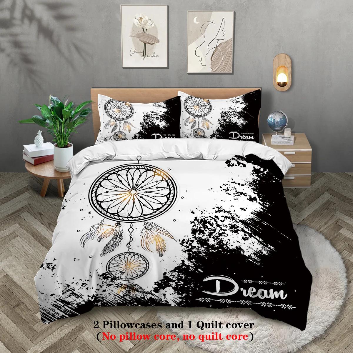 

3-piece set, black and white dream catcher pattern printed bedding set, queen, king, double bed, for bedroom, guestroom, hotel EU Twin(135x200cm)