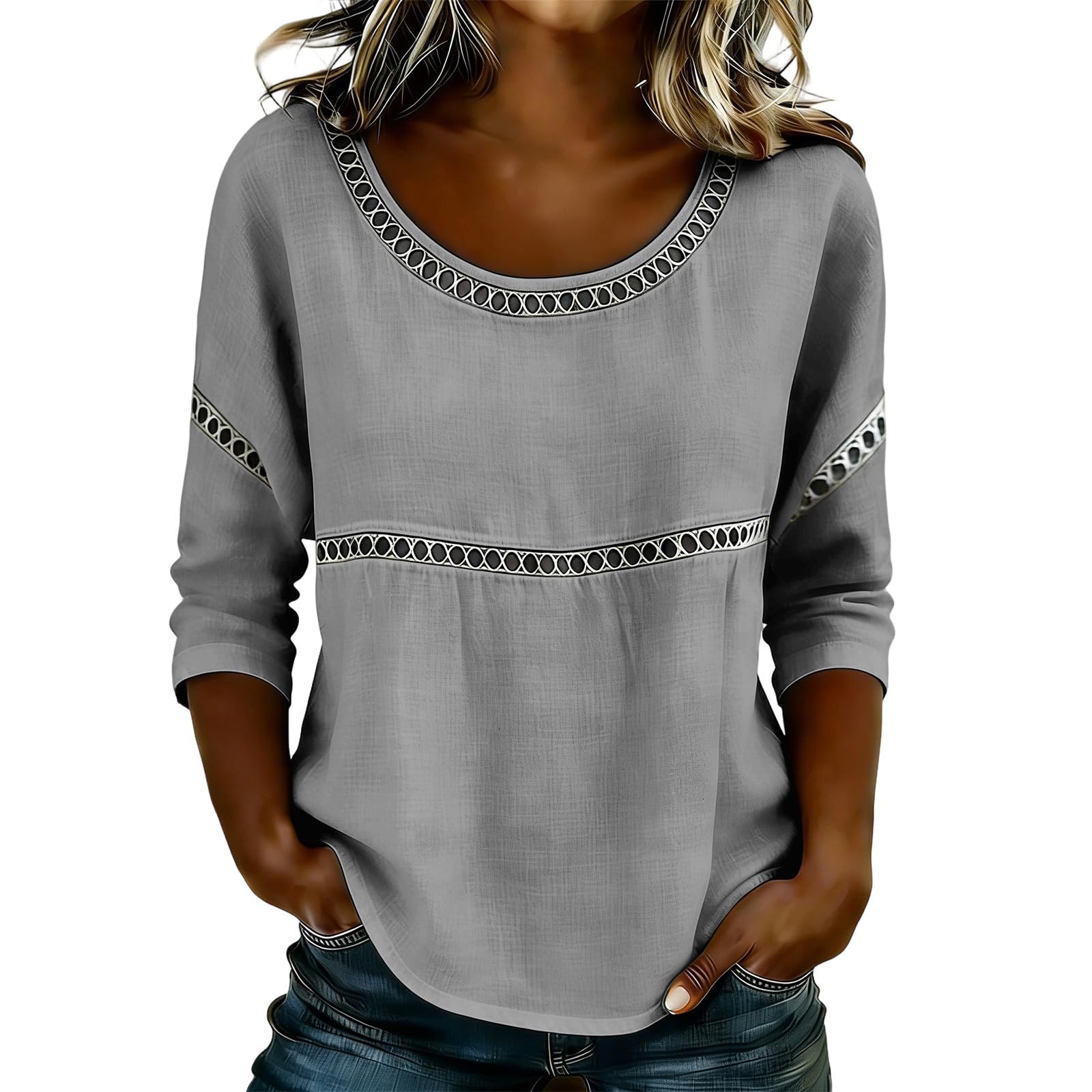 

Women s Fashionable Color Round Neck Seven Quarter Sleeved Cotton And Linen Top S