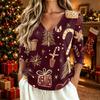 Women's Stylish Casual Christmas Printed V-Neck Three-Quarter Sleeve T-Shirt Top