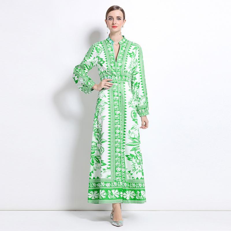 Spring Autumn Women Vintage Print Runway Dresses Full Sleeve Single Breasted Long Maxi Party Dress