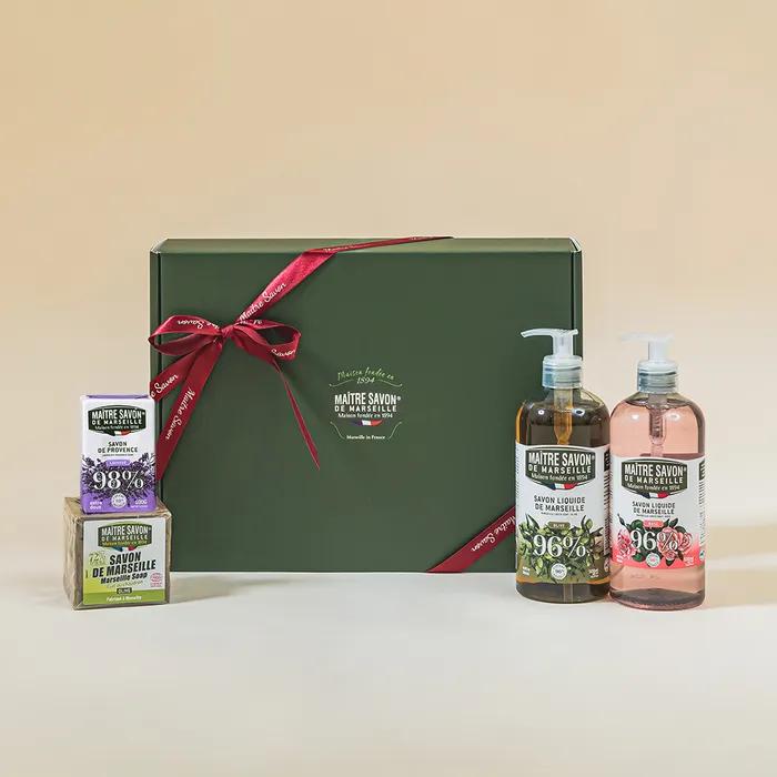 [Gift Wrapping + Shopping Bag] France Marseille All-in-One 4-Piece Set (Liquid Soap 500ml x 2 + Original Soap Bar + Provence Soap Bar) Olive 500ml + Rose 500ml