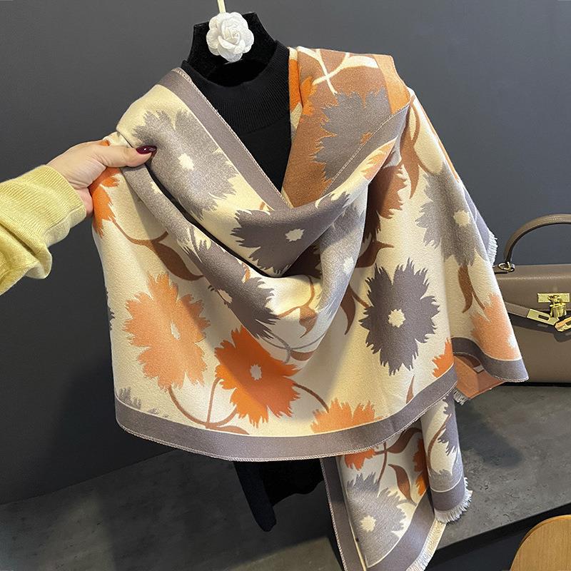 Sunflower Pattern Autumn and Winter New Imitation Cashmere Scarf for Women Warm and Thickened Versatile Long Shawl and Scarf
