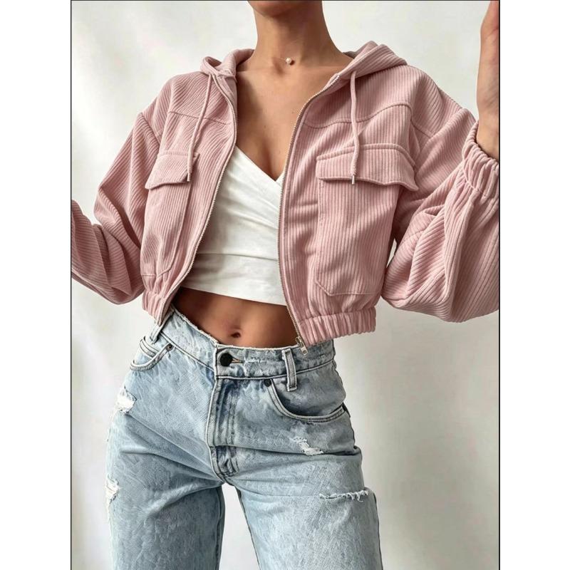 Women's Solid Color Core Fleece Hooded Drawstring Zipper Bubble Long Sleeve Short Jacket