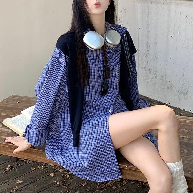 Han Chic blue plaid shirt women s 2025 spring and autumn casual loose medium and long plaid lining jacket shawl S