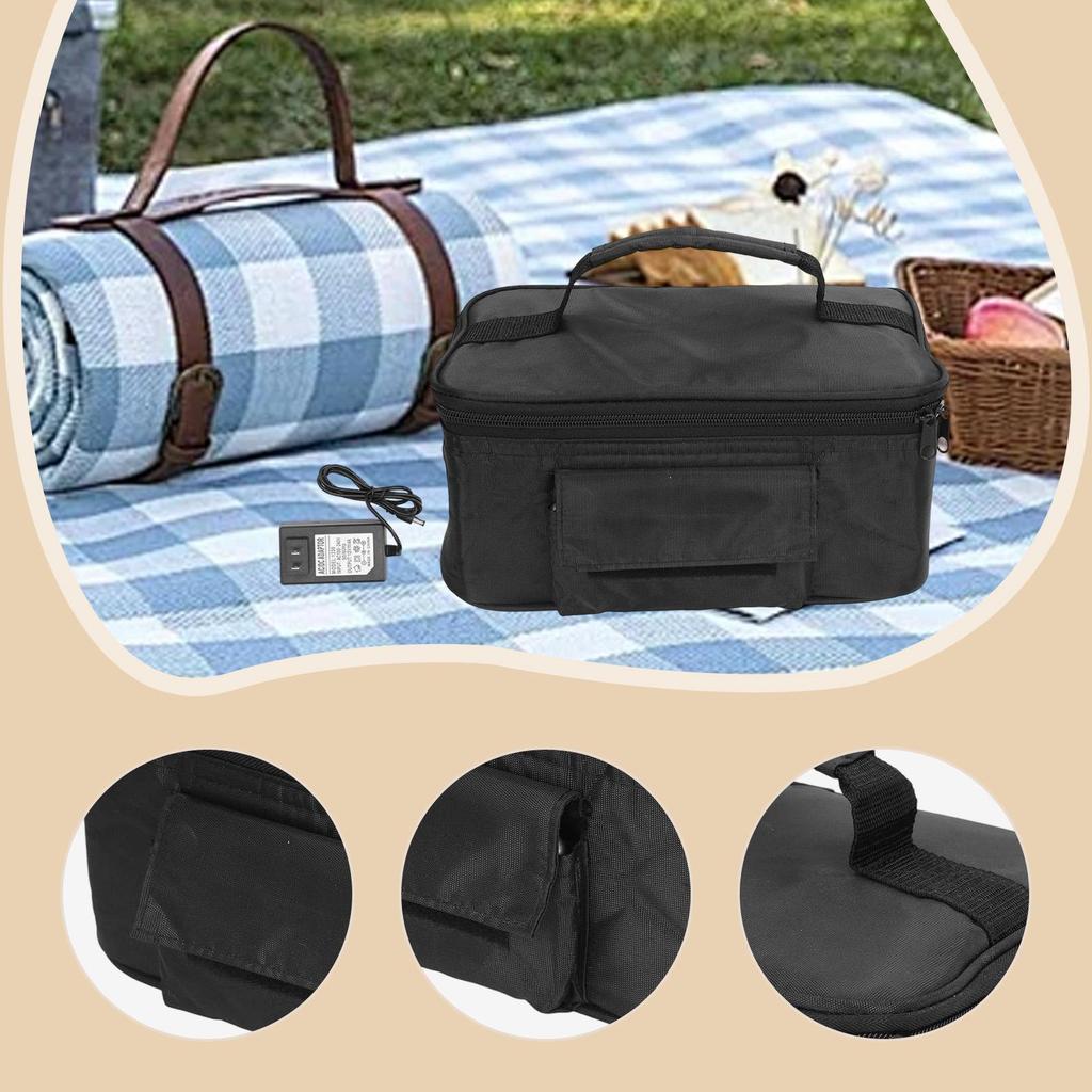 Heated Lunch Box Thermal Bag with Zipper, Mini Personal Microwave, Water Resistant for Home Office, Food Warmer, Black