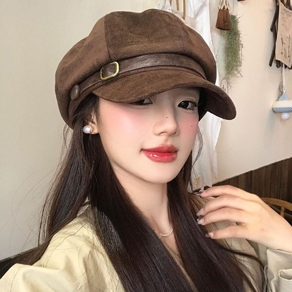 Belt Buckle Pu Leather Beret Brown Painter Hat Fashion Suede Octagonal Hat  Streetwear