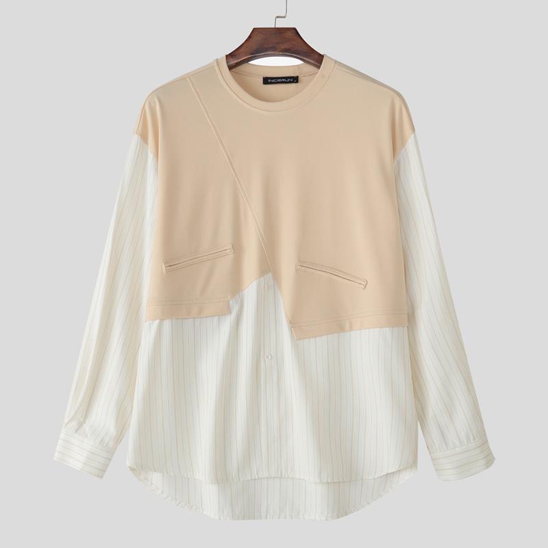 

INCERUN Oversiezd Men Casual Round Neck Long Sleeve Patchwork Striped Shirts Tops 5XL абрикосовый