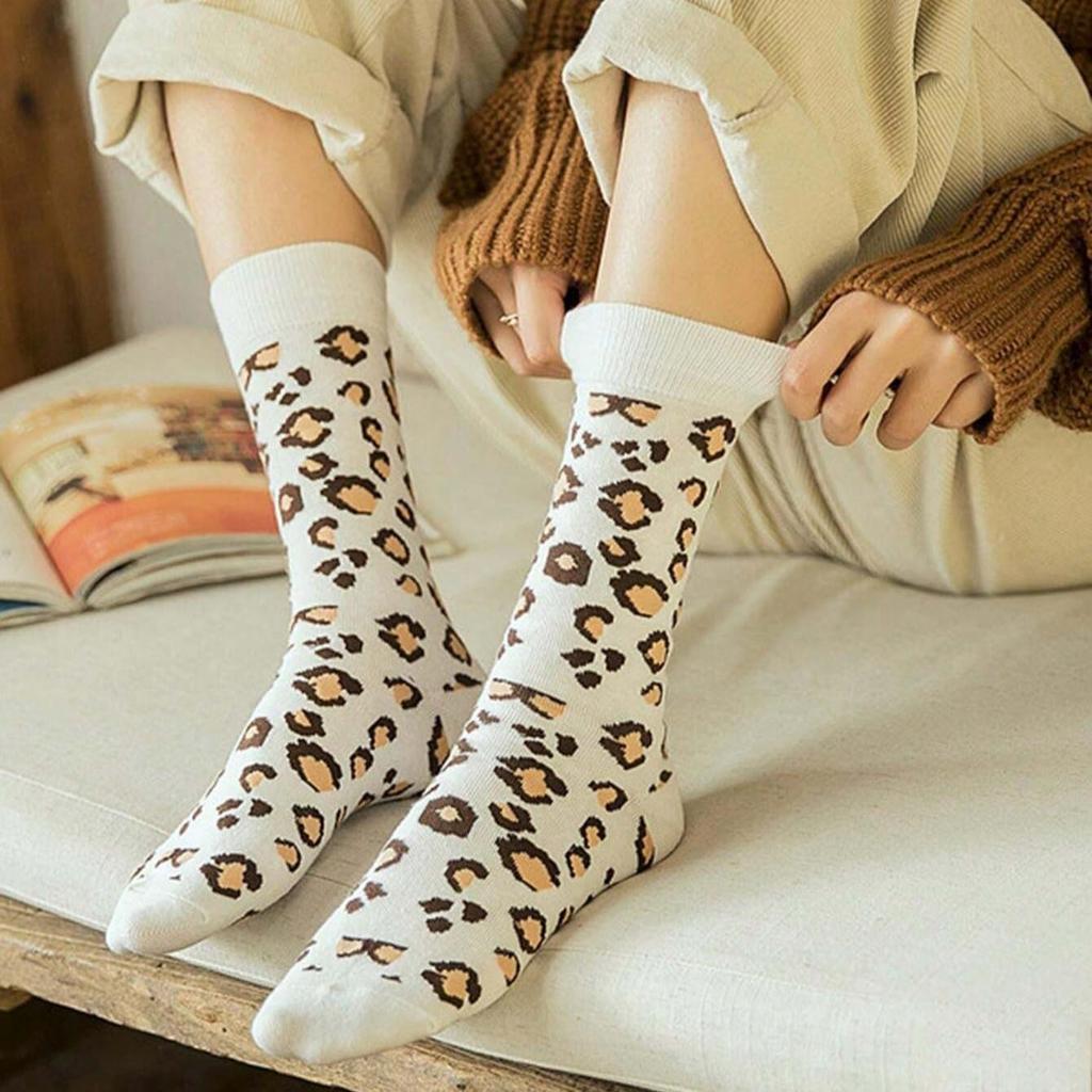 5 Pairs Thermal Crew Socks for Women, Leopard Print Cotton Cozy Quarter Socks Warm Neutral Ankle Socks for Women