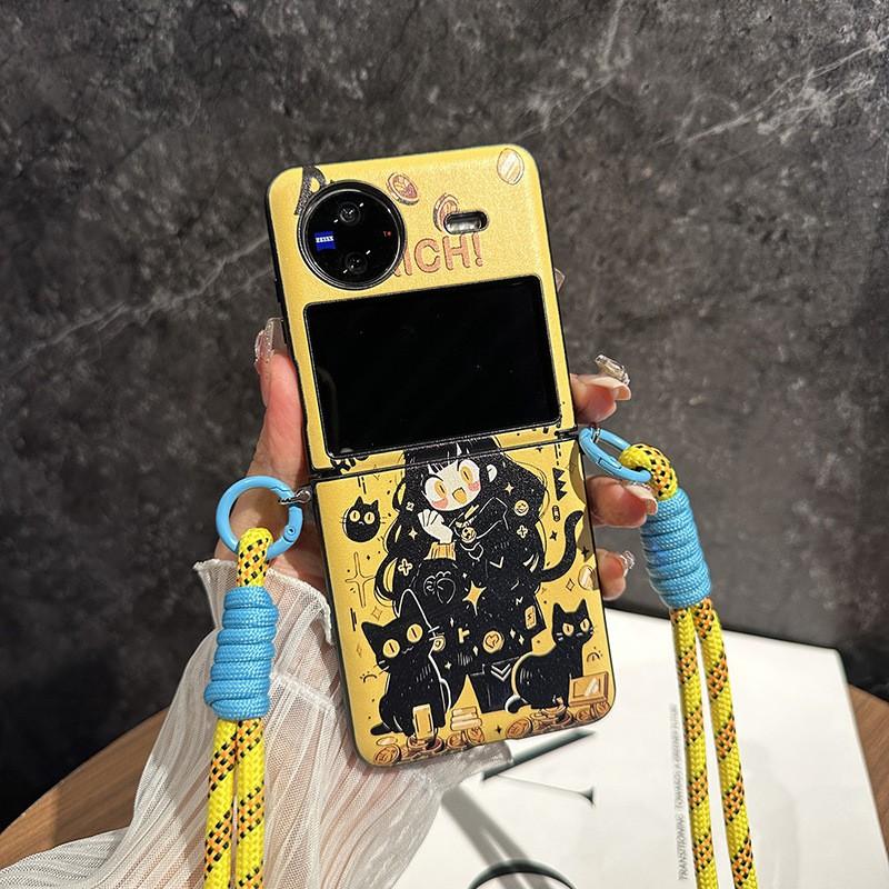 Cute Black Cat Girl Phone Case Vivo X Flip Folding Screen Leather Crossbody Strap Ins Style Shockproof