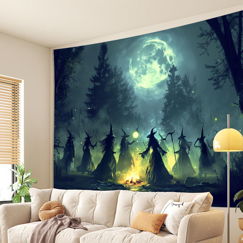Tapestry Gothic Halloween Wall Tapestry - Dark Ceremony with Witches, Full Moon & Horned Figures, Polyester Fabric