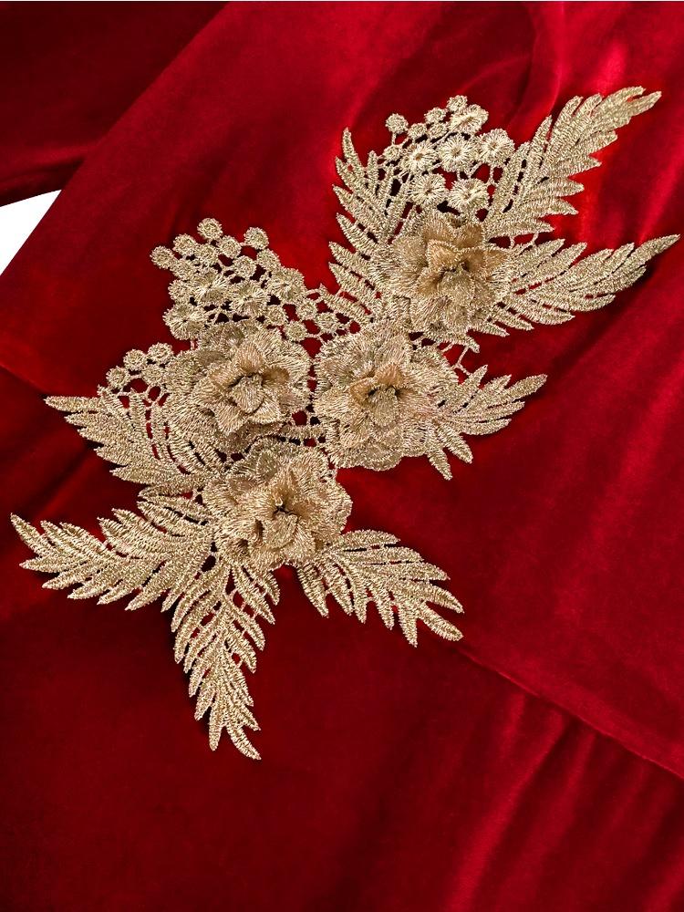 Elegant Women Red Velvet Dress O Neck Cut Out Long Sleeves Embroidery Flower Bodycon Evening Party Wedding Guest Autumn New