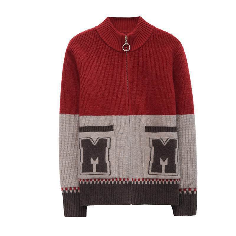 Elegant mother fashion cardigan M standard spring and autumn contrasting color splicing loose zipper sweater jacket stand-up collar with tide