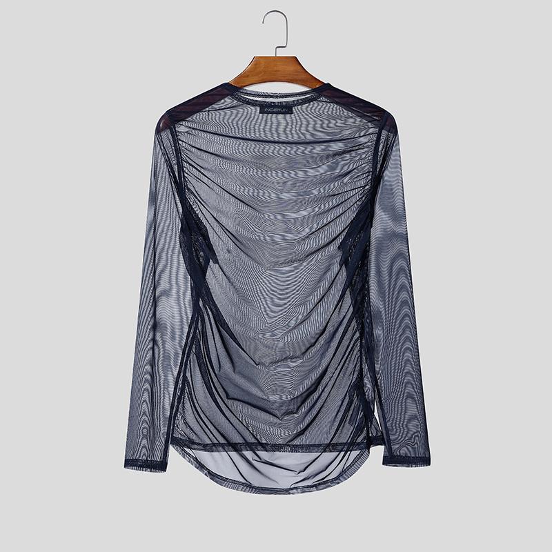 INCERUN Men Long Sleeve Ruffled See Through Mesh Party Tops T-Shirts