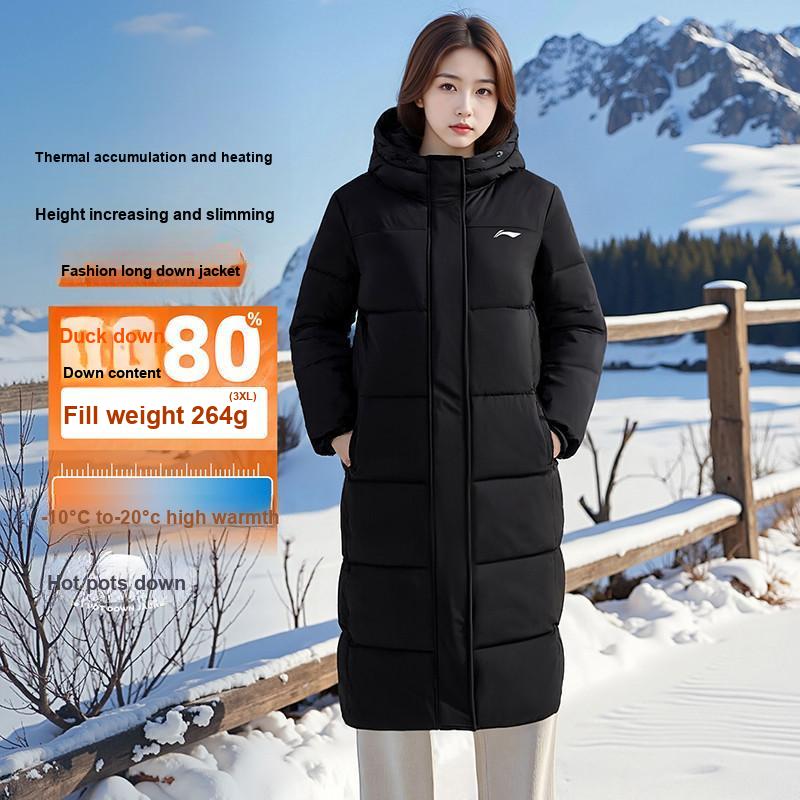 Li Ning Logo Print Windbreaker Long Loose Zipper Down Jacket Women Outerwear Black AYMU708-1