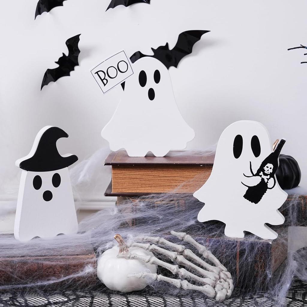 Spooky Halloween Ghosts Adorable Wooden Table Centerpiece Tiered Tray Decoration Desk Ornament Art Craft Party Favor