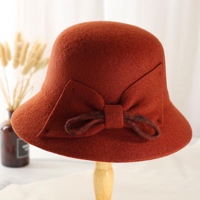 Nowy jesienno-zimowy kapelusz rybacki dla starszych kobiet, dekoracja z węzłem liściowym, damski brytyjski gruby ciepły wełniany kapelusz garnkowy