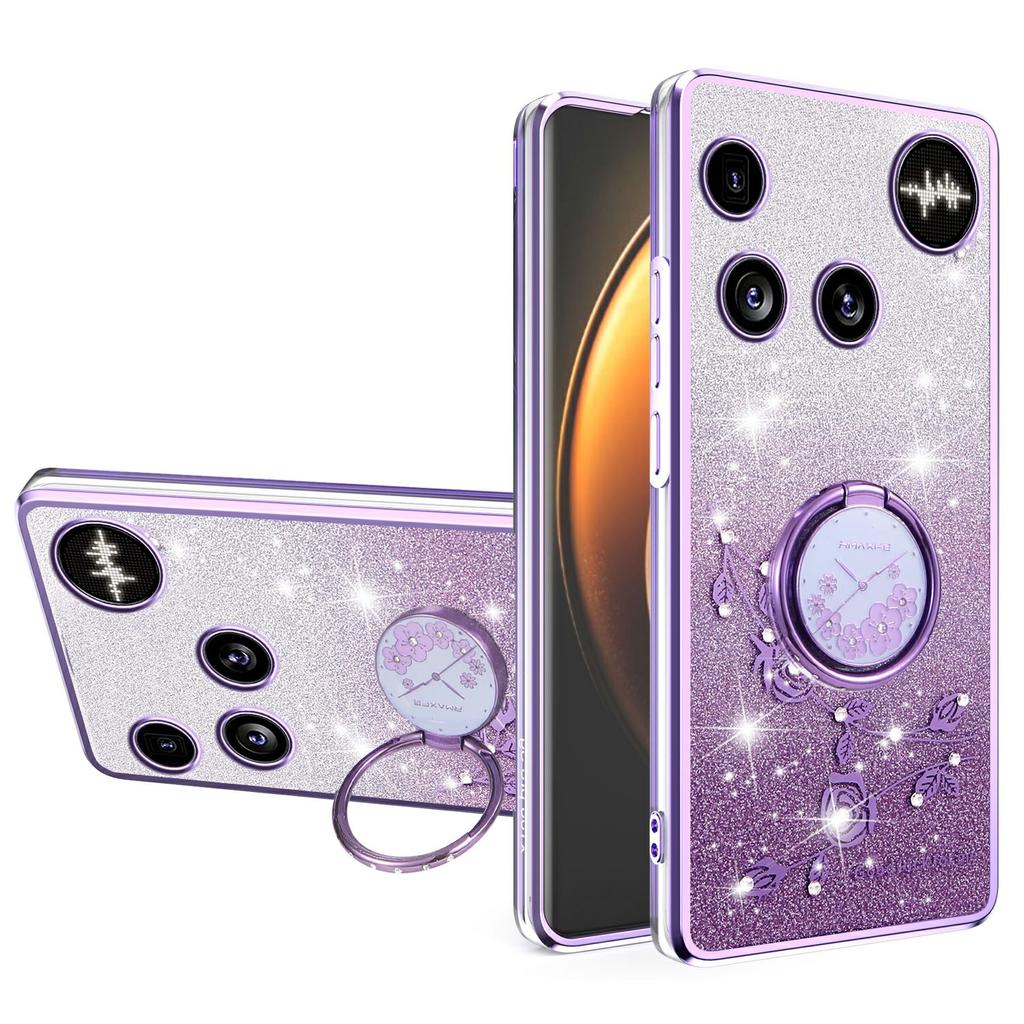 For Nothing Phone (3) 5G Case Ring Kickstand TPU Flowers Phone Cover Gradient Glitter