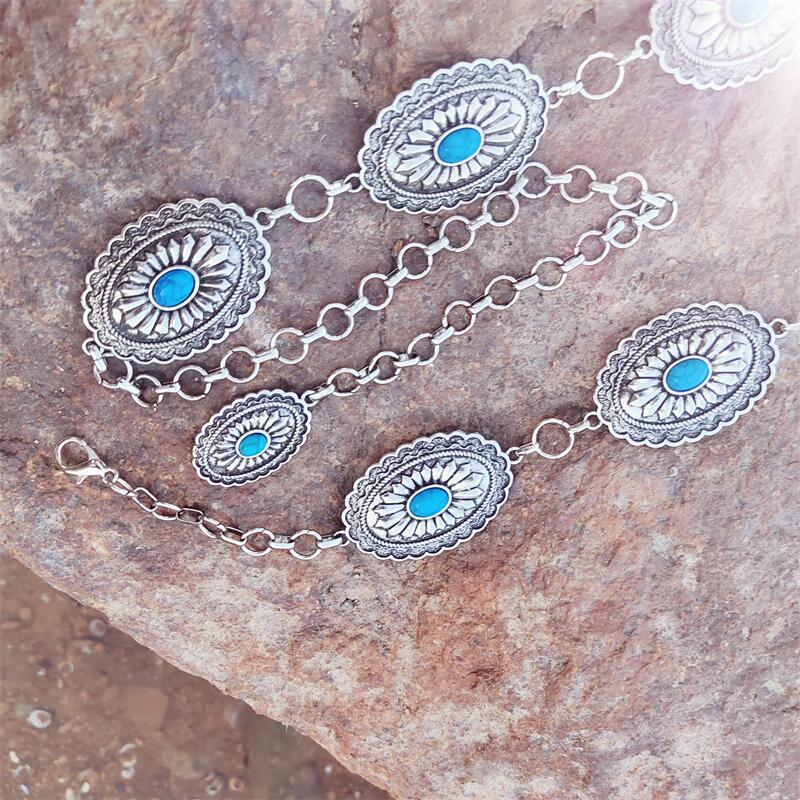 Vintage Turquoise-Inlaid Metal Waist Chain for Dresses & Jeans - European & American Niche Fashion