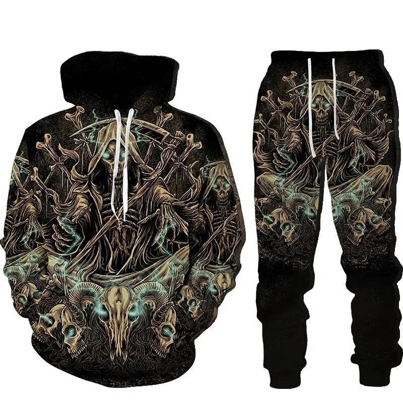 Skull 3D Printed Hoodies Trousers Set Spring Autumn Men Tracksuits Casual Sweashirt Pullover 2 Piece Suit Vintage Men Outfits