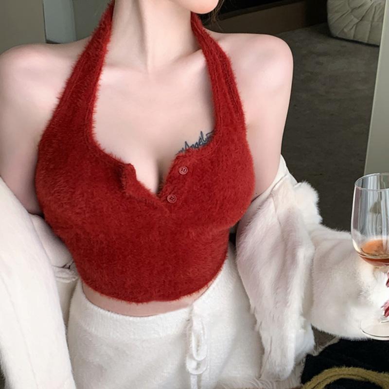 Dámské pletené tílko s halterneckem odhalující pupík, slim střih, jednobarevné