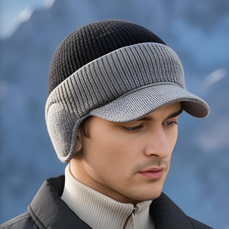 Cappello in Lana Lavorata a Maglia Spessa con Visiera Tipo Duckbill da Uomo Nero - Caldo, Circonferenza Larga, Cappello Autunno/Inverno