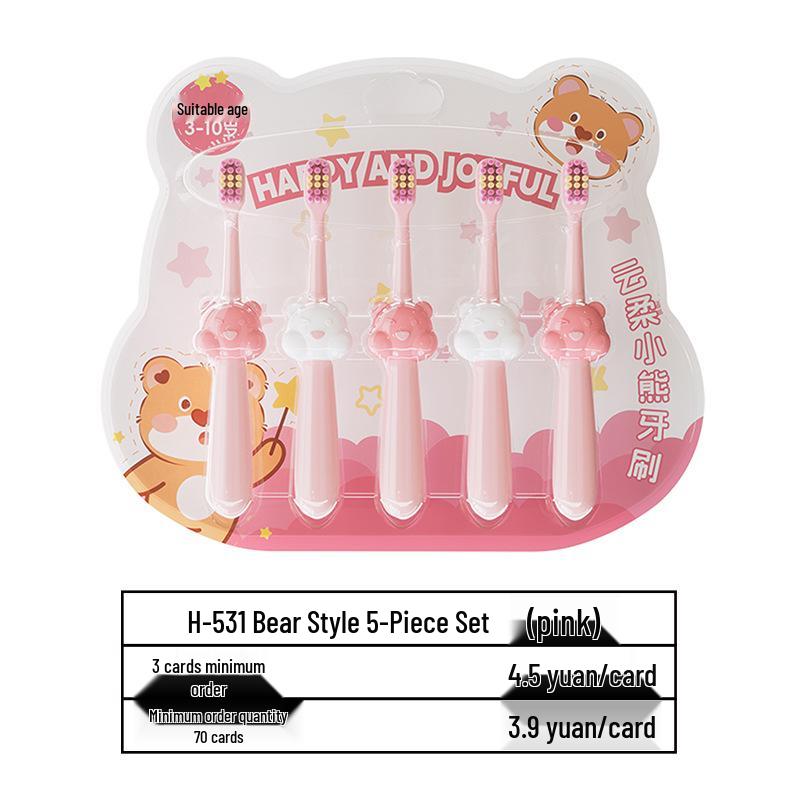 Teddy Bear Soft Bristle Toothbrush Set for Kids (3-10 Years) - 5-Pack, Daily Oral Care, In Stock