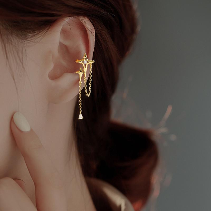 Shiny Cross Stars Tassel Clip Earrings Fake Piercing Ear Cuff Clip-On Earrings Without Hole Clips On Ears Earring Star Cartilage