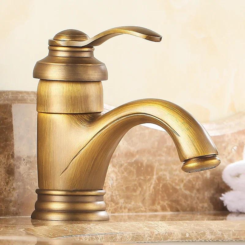 Basin Faucets Antique Brass Bathroom Sink Faucets Single Handle Vintage Deck Mount Torneiras Hot Cold Bath Mixer Water Tap Brass