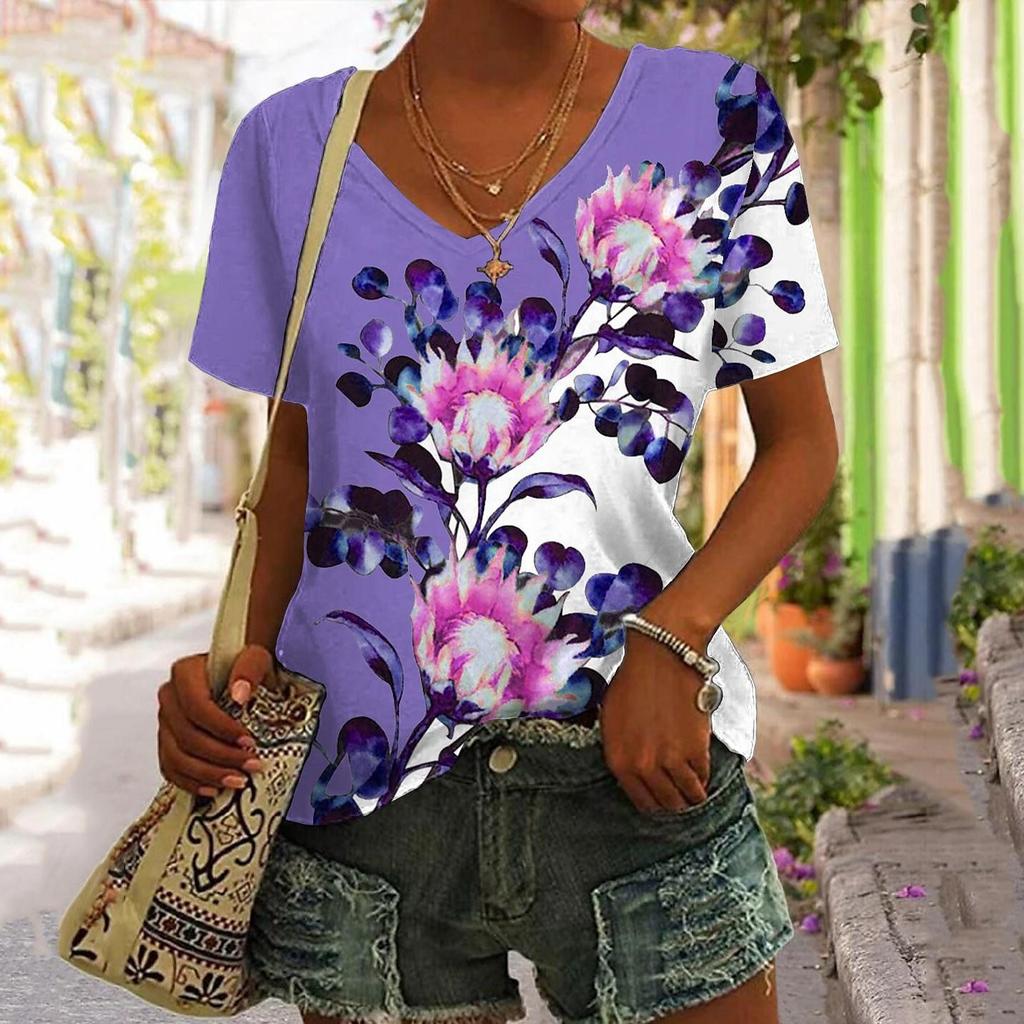 Summer V-neck 3D Floral Printed Top Fashionable Casual Short Sleeved Women's T-shirts
